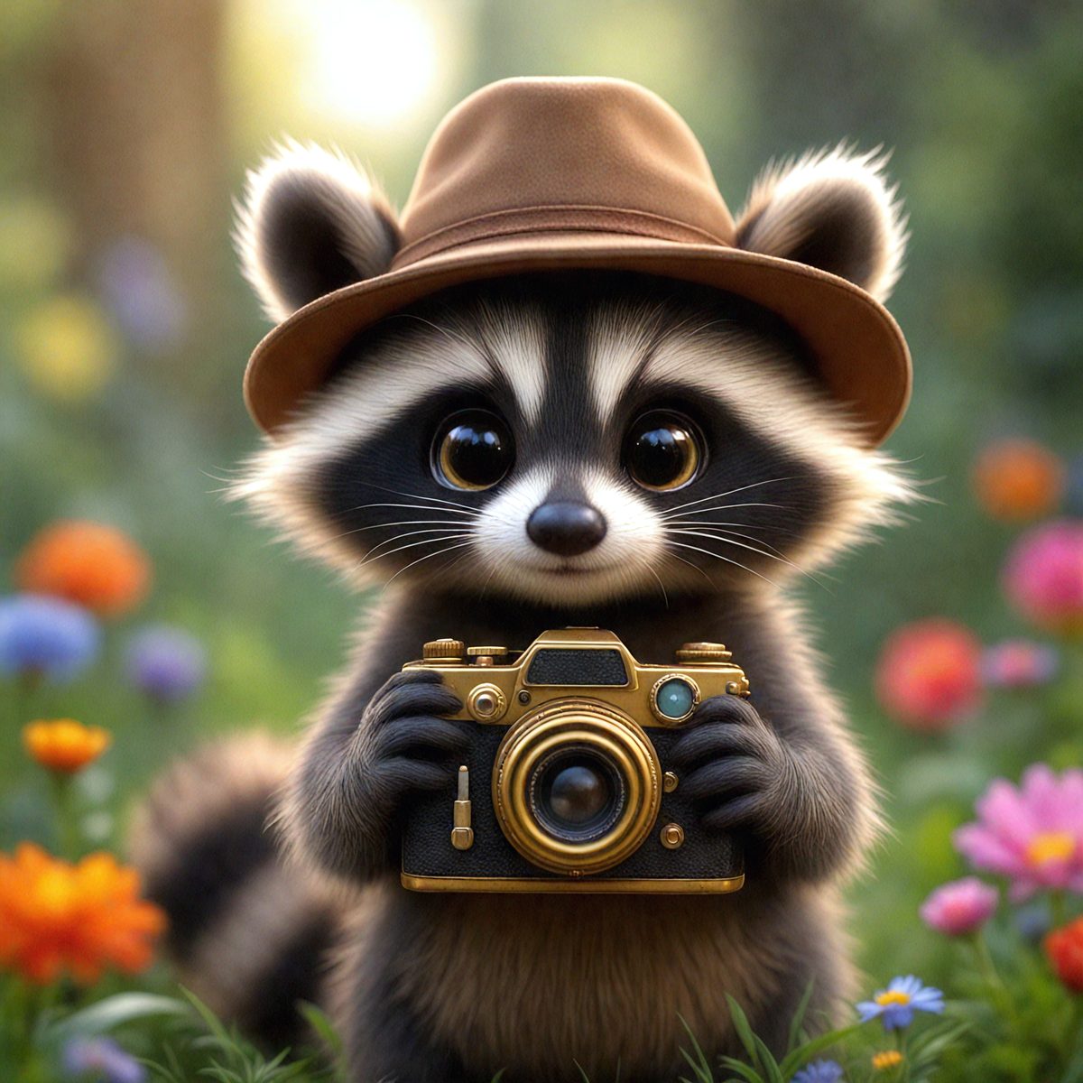 The primary subject of the image is a small, cute, and anthropomorphic raccoon holding a camera. The raccoon is wearing a hat and is positioned in a field with flowers, creating a whimsical and playful scene. The visual style of the image is a combination of photo and digital art, giving it a unique and creative appearance. The colors and mood of the image are predominantly bright and cheerful, with the vibrant colors of the flowers and the raccoon's attire contributing to the overall positive atmosphere.